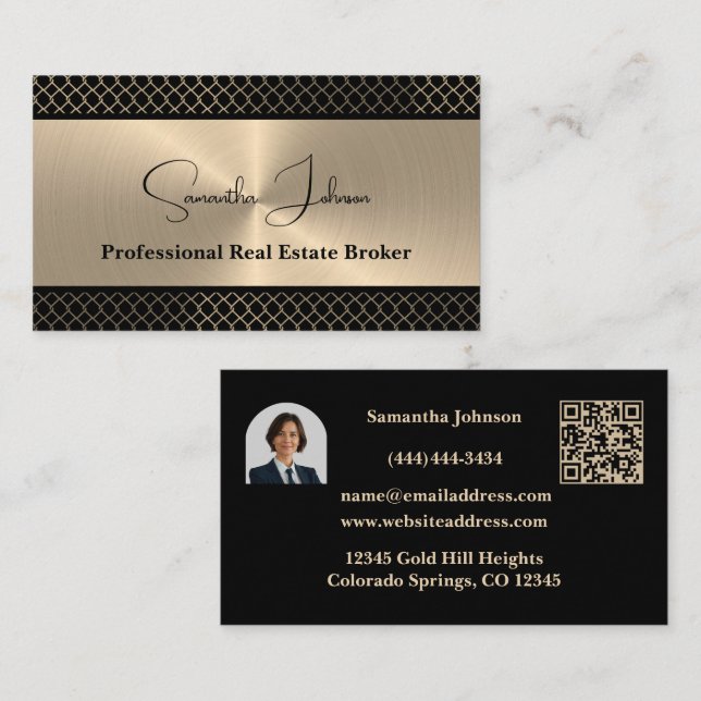 Luxury Black & Gold QR Code/Photo Real Estate  Business Card (Front/Back)