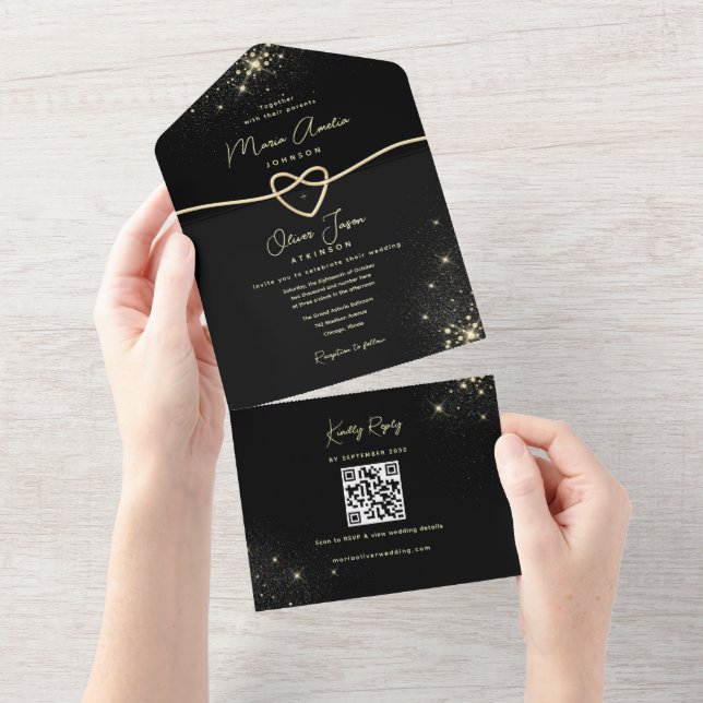 Luxury Black Gold QR Code Wedding All In One Invitation (Tearaway)
