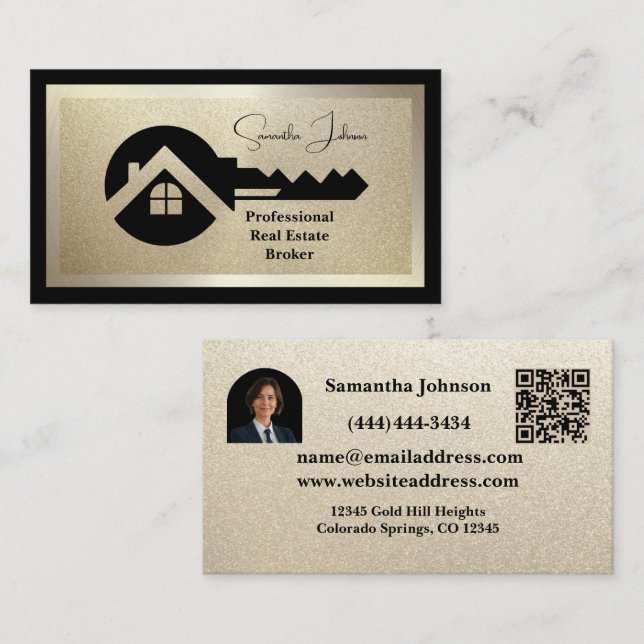 Luxury Black & Gold QR Photo Real Estate  Business Card (Front/Back)