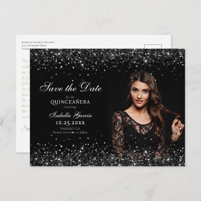 Luxury Black Gold Quinceañera Save the Date Postcard (Front/Back)