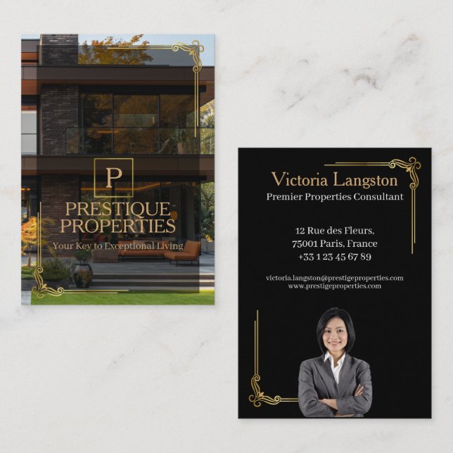 Luxury Black Gold Real Estate Photo Monogram Business Card (Front/Back)