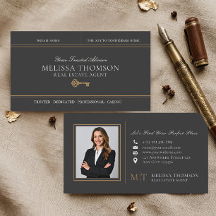 Luxury Black Gold Real Estate Photo Monogram  Business Card