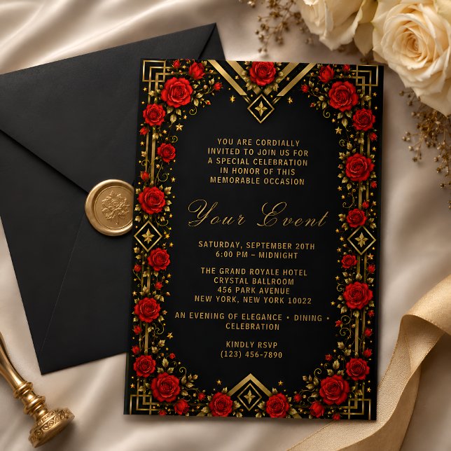 Luxury Black Gold Red Rose Invitation (Creator Uploaded)