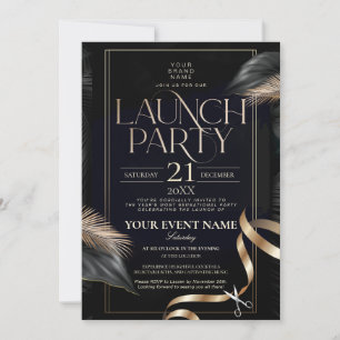Luxury Black Gold Ribbon Cutting Launch Party Invitation