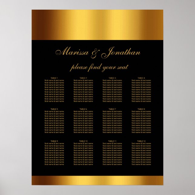 Luxury Black Gold Script Border Wedding Seating Poster (Front)