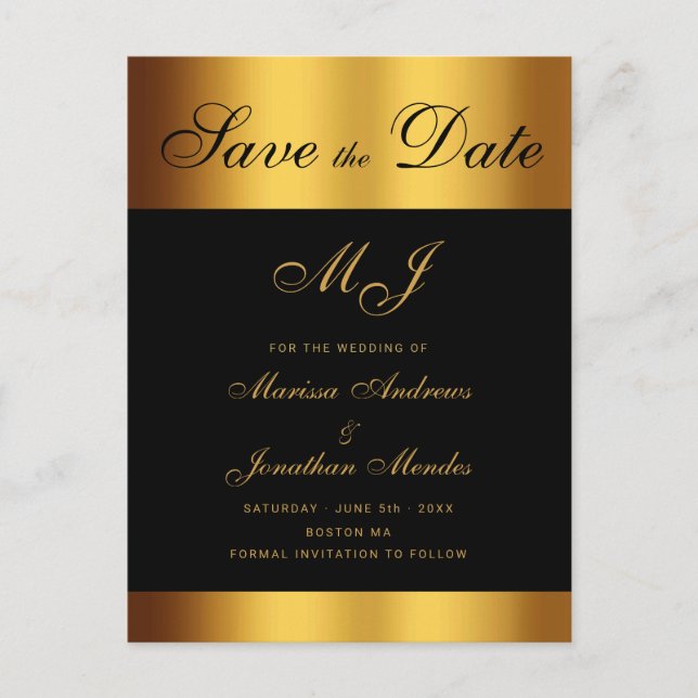 Luxury Black Gold Script Wedding Save the Date Announcement Postcard (Front)