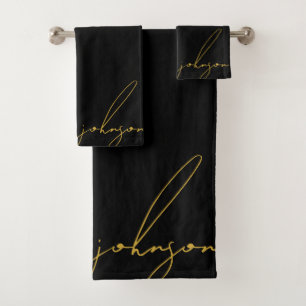 Luxury Black Gold Signature Script Monogram Bath Towel Set