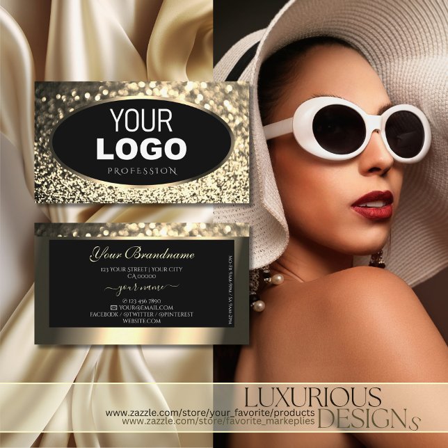 Luxury Black Gold Sparkling Glitter Add Logo Chic Business Card (Creator Uploaded)