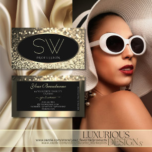 Luxury Black Gold Sparkling Glitter Stars Monogram Business Card