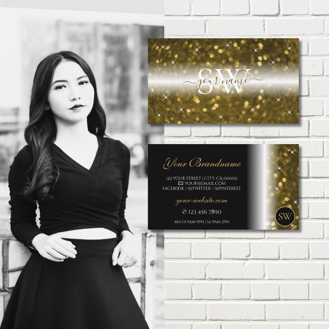 Luxury Black Gold Sparkling Glitter Stars Monogram Business Card (Creator Uploaded)
