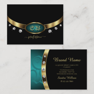 Luxury Black Gold Teal with Initials and Diamonds Business Card