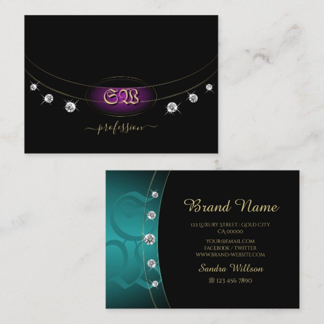 Luxury Black Gold Teal with Initials and Diamonds Business Card (Front/Back)