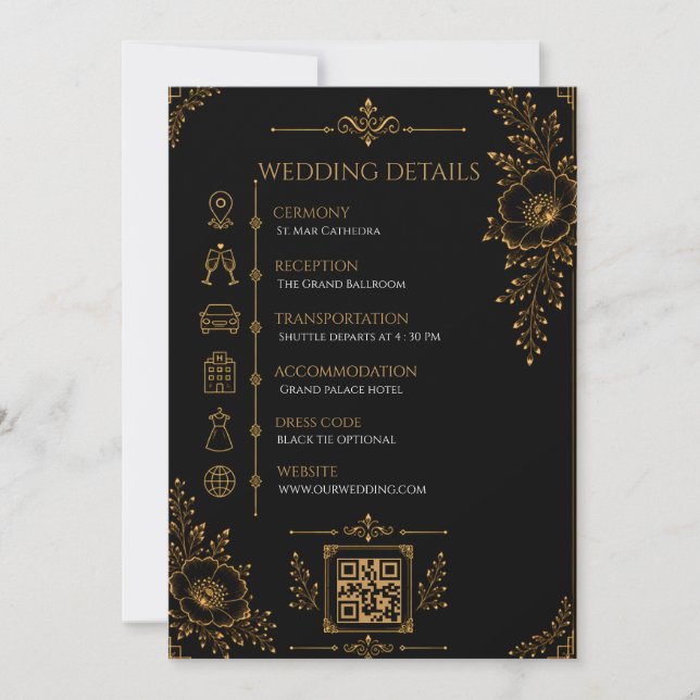 Luxury Black & gold Wedding Details Card (Front)