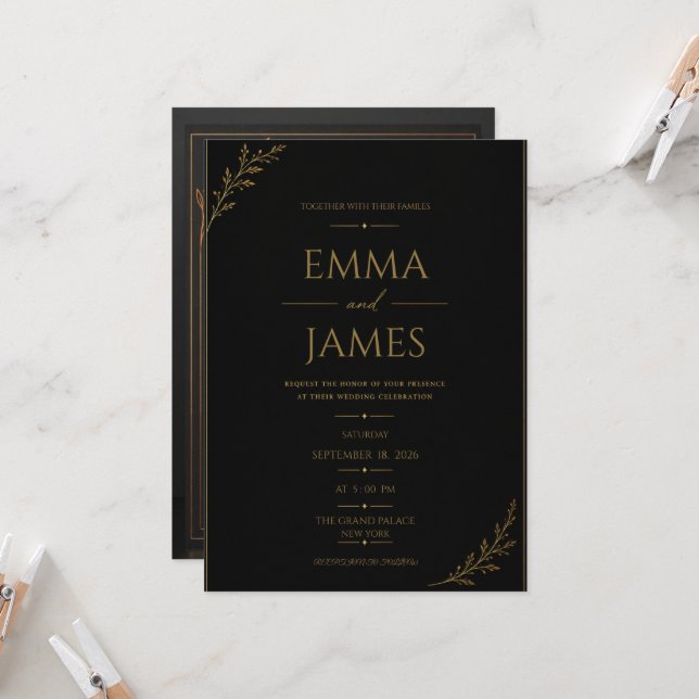Luxury Black & Gold Wedding Invitation. Invitation (Front/Back In Situ)