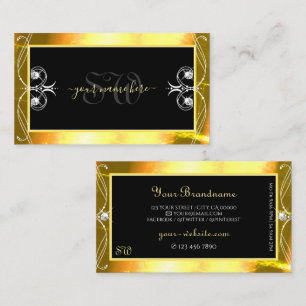 Luxury Black Golden Sparkle Jewels Monogram Ornate Business Card