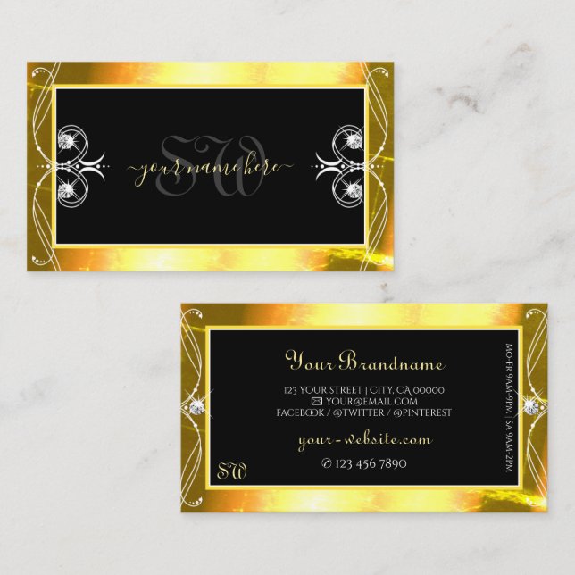 Luxury Black Golden Sparkle Jewels Monogram Ornate Business Card (Front/Back)