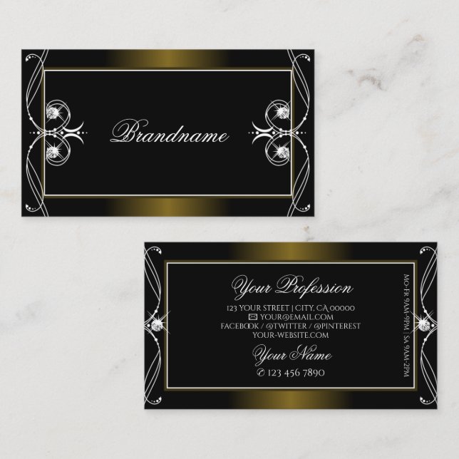 Luxury Black Golden Sparkle Jewels Ornate Ornament Business Card (Front/Back)