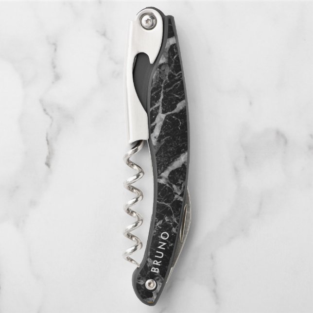 Luxury Black & Grey Faux Marble Monogram Corkscrew (Front)