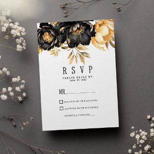 Luxury black ivory gold peony floral RSVP Invitation