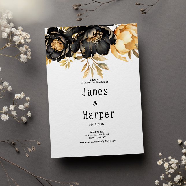 Luxury black ivory gold peony floral Wedding  Invitation (Luxury black ivory gold peony floral Wedding)