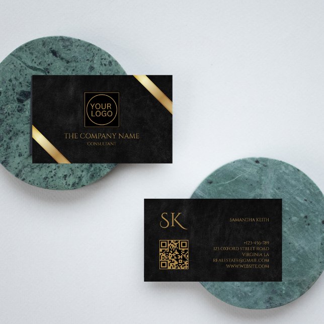 Luxury Black Leather and Gold QR Code Logo Business Card (Creator Uploaded)