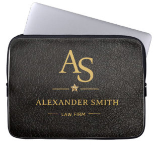 Luxury Black Leather Gold Monogram Business Brand Laptop Sleeve