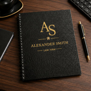 Luxury Black Leather Gold Monogram Business Brand Notebook