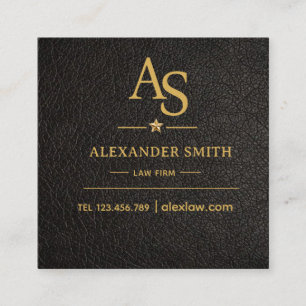 Luxury Black Leather Gold Monogram Business Brand Square Business Card