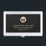 Luxury Black Leather Gold Monogram Business Card Holder<br><div class="desc">Elevate your professional look with this stylish and practical business card case. Featuring a brushed monogram medallion with your name company and title in classic block typography, this case is a great way to keep your business cards organised and protected. The black leather print background adds a touch of sophistication,...</div>