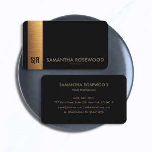 Luxury Black Leather & Gold Panel Monogram Business Card