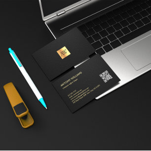 Luxury Black Leather with Gold Monogram Business Card
