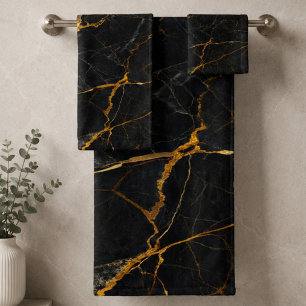 Luxury Black Marble Gold Monogram Business Brand Bath Towel Set