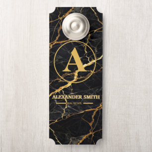 Luxury Black Marble Gold Monogram Business Brand Door Hanger