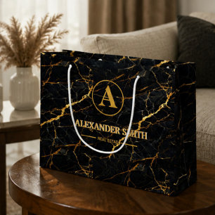 Luxury Black Marble Gold Monogram Business Brand Large Gift Bag