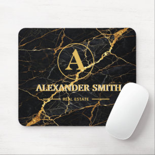 Luxury Black Marble Gold Monogram Business Brand Mouse Pad