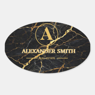 Luxury Black Marble Gold Monogram Business Brand Oval Sticker