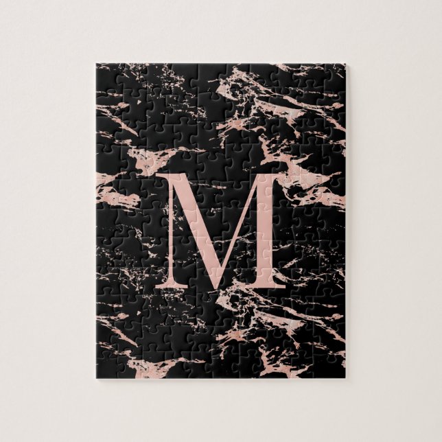 Luxury Black Marble Rose Gold Foil Monogram Jigsaw Puzzle (Vertical)
