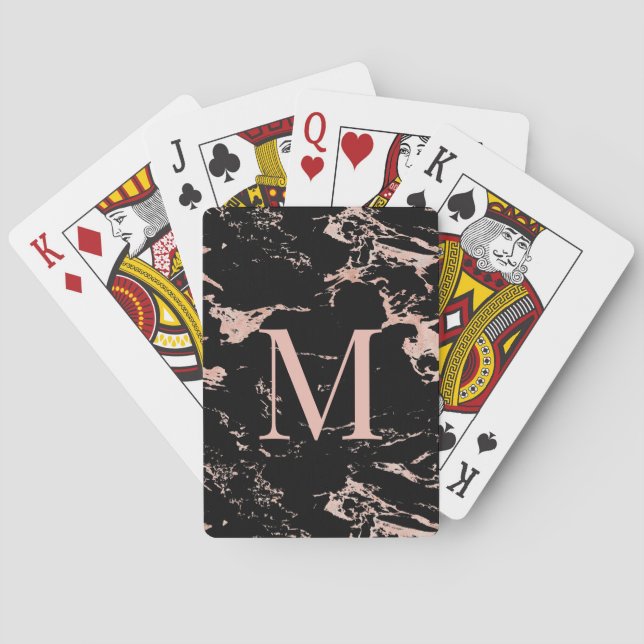 Luxury Black Marble Rose Gold Foil Monogram Playing Cards (Back)