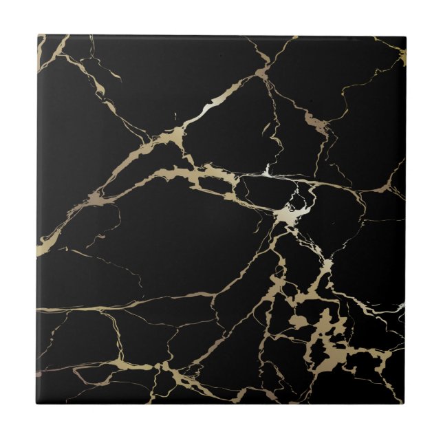 Luxury Black Marble with Heavy Golden Kintsugi Cra Tile (Front)