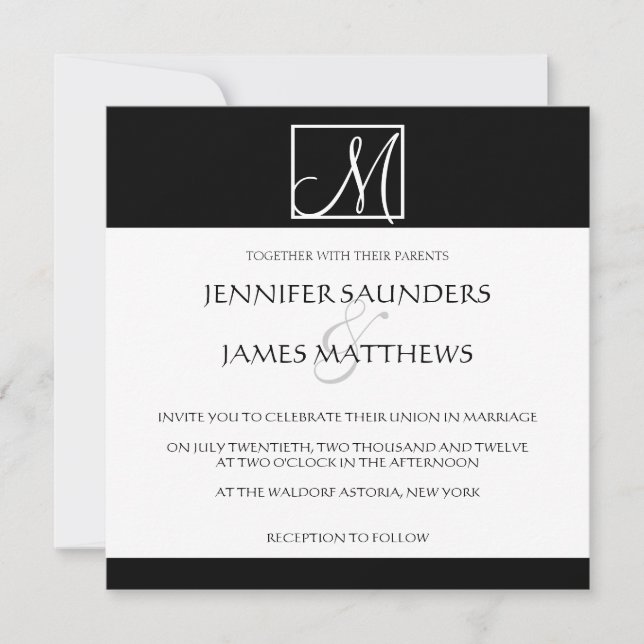 Luxury Black Monogram Initial Wedding Invitation (Front)