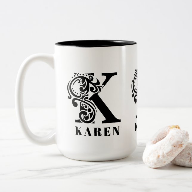 Luxury Black Monogram Letter K Custom Name Two-Tone Coffee Mug (With Donut)