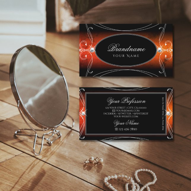 Luxury Black Orange Ornate Sparkle Jewels Stylish Business Card (Creator Uploaded)