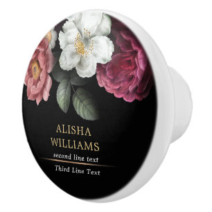 Luxury Black Personalised Floral  Ceramic Knob