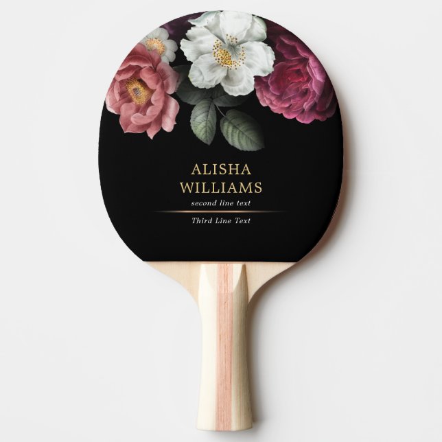 Luxury Black Personalised Floral Ping Pong Paddle (Front)