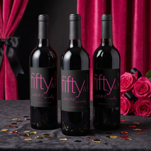 Luxury Black Pink Fifty and Fabulous Birthday Wine Label