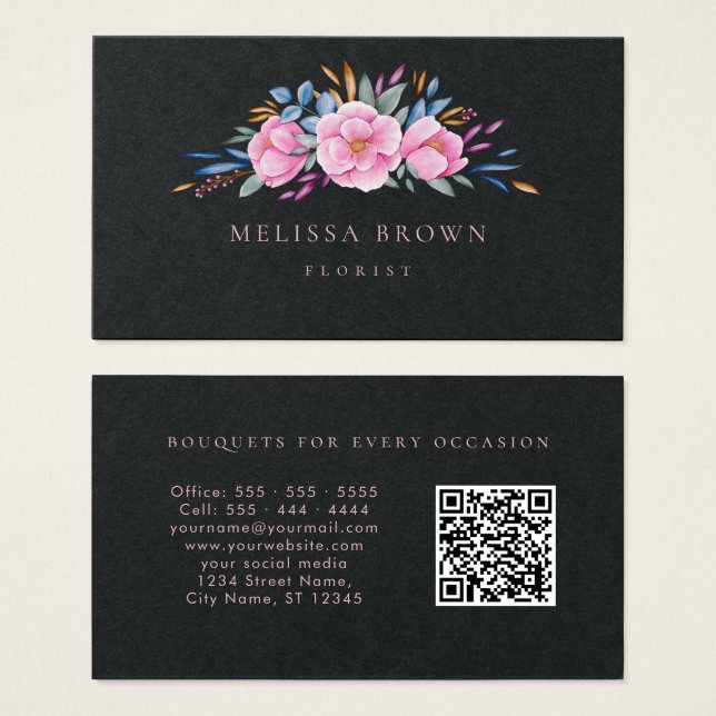 Luxury Black Pink Floral Modern Watercolor QR Code (Front & Back)
