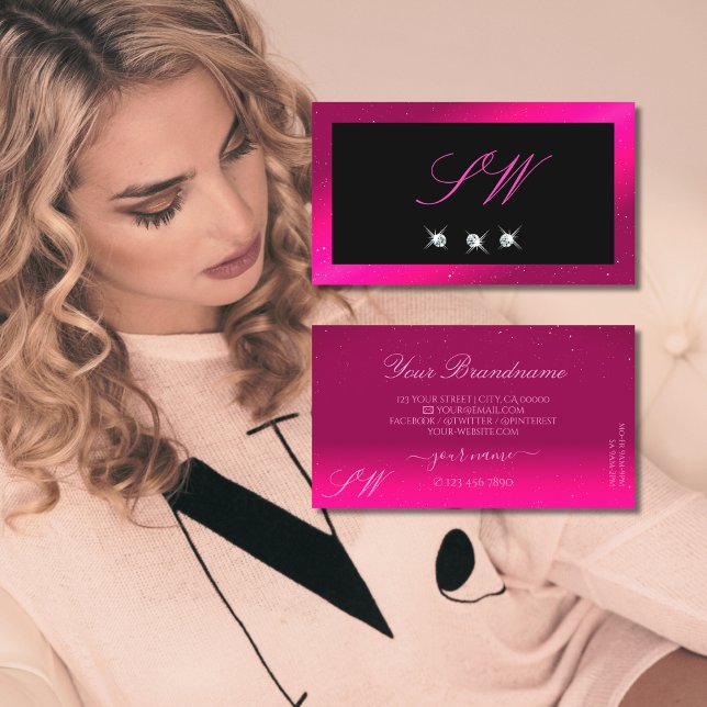 Luxury Black Pink Sparkle Diamonds Monogram Trendy Business Card (Creator Uploaded)