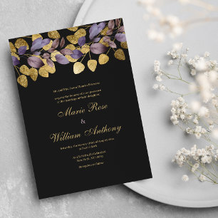 Luxury black purple brown gold foliage Wedding Invitation