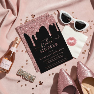 Luxury Black Rose Gold Glitter Drips Bridal Shower Invitation