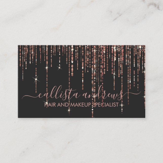 Luxury Black Rose Gold Glitter Fringe Curtain Business Card (Front)
